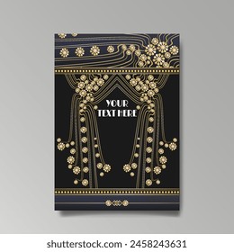 Art Nuevo luxury template golden-black, A4 page, menu, card, invitation, lines flowers and city lights a Modern, Art Novo  Deco style, Romantic floral motive, elegant geometric beautiful background