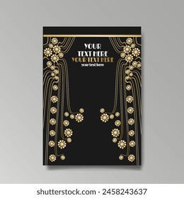 Art Nuevo luxury template golden-black, A4 page, menu, card, invitation, lines flowers and city lights a Modern, Art Novo  Deco style, Romantic floral motive, elegant geometric beautiful background