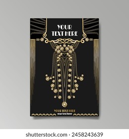 Art Nuevo luxury template golden-black, A4 page, menu, card, invitation, lines flowers and city lights a Modern, Art Novo  Deco style, Romantic floral motive, elegant geometric beautiful background