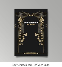 Art Nuevo luxury template golden-black, A4 page, menu, card, invitation, lines flowers and city lights a Modern, Art Novo  Deco style, Romantic floral motive, elegant geometric beautiful background