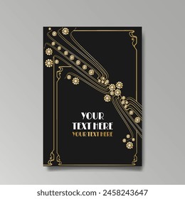 Art Nuevo luxury template golden-black, A4 page, menu, card, invitation, lines flowers and city lights a Modern, Art Novo  Deco style, Romantic floral motive, elegant geometric beautiful background