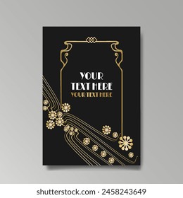 Art Nuevo luxury template golden-black, A4 page, menu, card, invitation, lines flowers and city lights a Modern, Art Novo  Deco style, Romantic floral motive, elegant geometric beautiful background