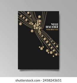 Art Nuevo luxury template golden-black, A4 page, menu, card, invitation, lines flowers and city lights a Modern, Art Novo  Deco style, Romantic floral motive, elegant geometric beautiful background