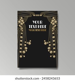 Art Nuevo luxury template golden-black, A4 page, menu, card, invitation, lines flowers and city lights a Modern, Art Novo  Deco style, Romantic floral motive, elegant geometric beautiful background