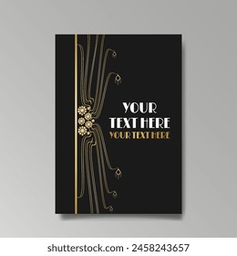 Art Nuevo luxury template golden-black, A4 page, menu, card, invitation, lines flowers and city lights a Modern, Art Novo  Deco style, Romantic floral motive, elegant geometric beautiful background