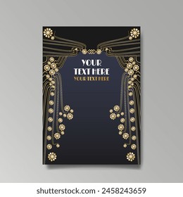 Art Nuevo luxury template golden-black, A4 page, menu, card, invitation, lines flowers and city lights a Modern, Art Novo  Deco style, Romantic floral motive, elegant geometric beautiful background