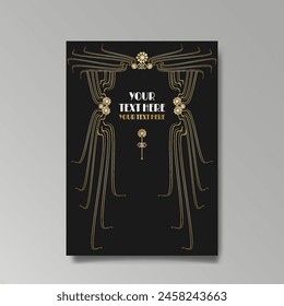 Art Nuevo luxury template golden-black, A4 page, menu, card, invitation, lines flowers and city lights a Modern, Art Novo  Deco style, Romantic floral motive, elegant geometric beautiful background