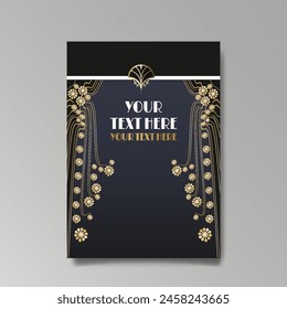 Art Nuevo luxury template golden-black, A4 page, menu, card, invitation, lines flowers and city lights a Modern, Art Novo  Deco style, Romantic floral motive, elegant geometric beautiful background