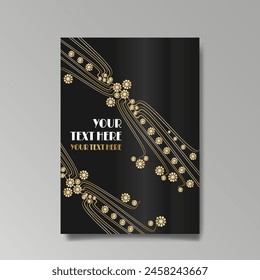 Art Nuevo luxury template golden-black, A4 page, menu, card, invitation, lines flowers and city lights a Modern, Art Novo  Deco style, Romantic floral motive, elegant geometric beautiful background