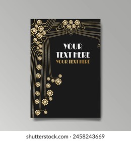 Art Nuevo luxury template golden-black, A4 page, menu, card, invitation, lines flowers and city lights a Modern, Art Novo  Deco style, Romantic floral motive, elegant geometric beautiful background