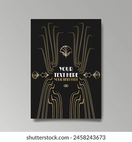 Art Nuevo luxury template golden-black, A4 page, menu, card, invitation, lines flowers and city lights a Modern, Art Novo  Deco style, Romantic floral motive, elegant geometric beautiful background