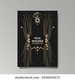 Art Nuevo luxury template golden-black, A4 page, menu, card, invitation, lines flowers and city lights a Modern, Art Novo  Deco style, Romantic floral motive, elegant geometric beautiful background