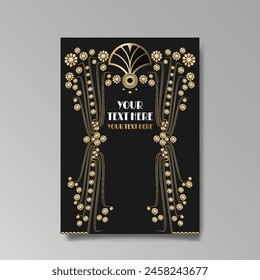 Art Nuevo luxury template golden-black, A4 page, menu, card, invitation, lines flowers and city lights a Modern, Art Novo  Deco style, Romantic floral motive, elegant geometric beautiful background