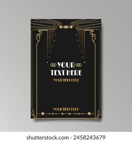 Art Nuevo luxury template golden-black, A4 page, menu, card, invitation, lines flowers and city lights a Modern, Art Novo  Deco style, Romantic floral motive, elegant geometric beautiful background