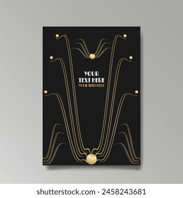 Art Nuevo luxury template golden-black, A4 page, menu, card, invitation, lines flowers and city lights a Modern, Art Novo  Deco style, Romantic floral motive, elegant geometric beautiful background