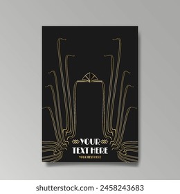 Art Nuevo luxury template golden-black, A4 page, menu, card, invitation, lines flowers and city lights a Modern, Art Novo  Deco style, Romantic floral motive, elegant geometric beautiful background