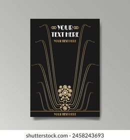 Art Nuevo luxury template golden-black, A4 page, menu, card, invitation, lines flowers and city lights a Modern, Art Novo  Deco style, Romantic floral motive, elegant geometric beautiful background