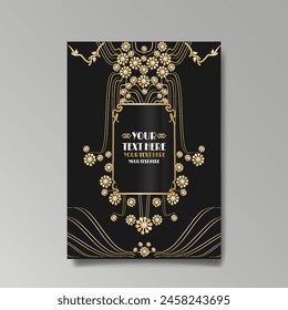 Art Nuevo luxury template golden-black, A4 page, menu, card, invitation, lines flowers and city lights a Modern, Art Novo  Deco style, Romantic floral motive, elegant geometric beautiful background