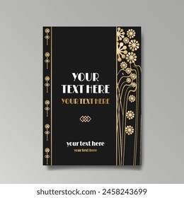 Art Nuevo luxury template golden-black, A4 page, menu, card, invitation, lines flowers and city lights a Modern, Art Novo  Deco style, Romantic floral motive, elegant geometric beautiful background