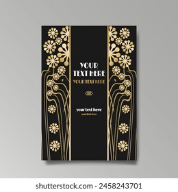 Art Nuevo luxury template golden-black, A4 page, menu, card, invitation, lines flowers and city lights a Modern, Art Novo  Deco style, Romantic floral motive, elegant geometric beautiful background