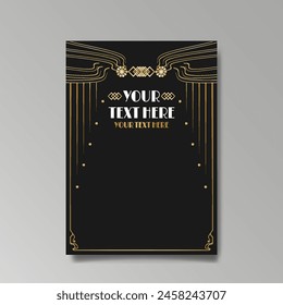 Art Nuevo luxury template golden-black, A4 page, menu, card, invitation, lines flowers and city lights a Modern, Art Novo  Deco style, Romantic floral motive, elegant geometric beautiful background