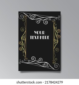 Art Nuevo template golden-black white, A4 page, card, invitation, floral lines and swirls ornament in a romantic style, beautiful background, luxury invite. Wedding foliage swirl flourish flyer