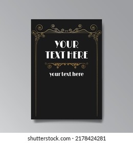 Art Nuevo template golden-black white, A4 page, card, invitation, floral lines and swirls ornament in a romantic style, beautiful background, luxury invite. Wedding foliage swirl flourish flyer