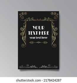 Art Nuevo template golden-black white, A4 page, card, invitation, floral lines and swirls ornament in a romantic style, beautiful background, luxury invite. Wedding foliage swirl flourish flyer