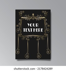 Art Nuevo template golden-black white, A4 page, card, invitation, floral lines and swirls ornament in a romantic style, beautiful background, luxury invite. Wedding foliage swirl flourish flyer