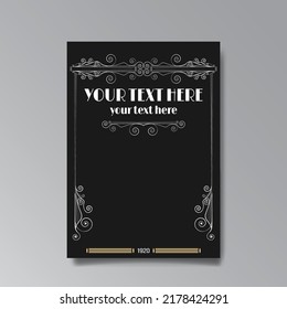 Art Nuevo template golden-black white, A4 page, card, invitation, floral lines and swirls ornament in a romantic style, beautiful background, luxury invite. Wedding foliage swirl flourish flyer