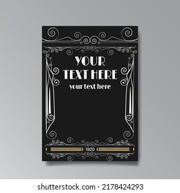 Art Nuevo template golden-black white, A4 page, card, invitation, floral lines and swirls ornament in a romantic style, beautiful background, luxury invite. Wedding foliage swirl flourish flyer