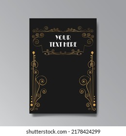 Art Nuevo template golden-black white, A4 page, card, invitation, floral lines and swirls ornament in a romantic style, beautiful background, luxury invite. Wedding foliage swirl flourish flyer