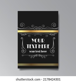 Art Nuevo template golden-black white, A4 page, card, invitation, floral lines and swirls ornament in a romantic style, beautiful background, luxury invite. Wedding foliage swirl flourish flyer