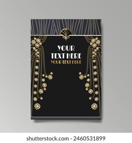 Art Nuovo, Modern, luxury template golden black A4 page, menu, card, invitation, Sun and city lights in an Art deco Art Deco style, beautiful background 