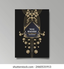 Art Nuovo, Modern, luxury template golden black A4 page, menu, card, invitation, Sun and city lights in an Art deco Art Deco style, beautiful background 