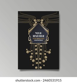 Art Nuovo, Modern, luxury template golden black A4 page, menu, card, invitation, Sun and city lights in an Art deco Art Deco style, beautiful background 