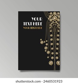 Art Nuovo, Modern, luxury template golden black A4 page, menu, card, invitation, Sun and city lights in an Art deco Art Deco style, beautiful background 