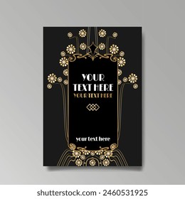 Art Nuovo, Modern, luxury template golden black A4 page, menu, card, invitation, Sun and city lights in an Art deco Art Deco style, beautiful background 