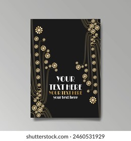 Art Nuovo, Modern, luxury template golden black A4 page, menu, card, invitation, Sun and city lights in an Art deco Art Deco style, beautiful background 