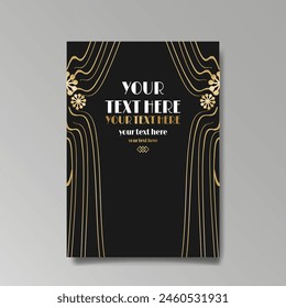 Art Nuovo, Modern, luxury template golden black A4 page, menu, card, invitation, Sun and city lights in an Art deco Art Deco style, beautiful background 