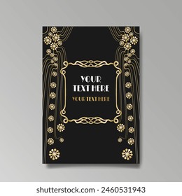 Art Nuovo, Modern, luxury template golden black A4 page, menu, card, invitation, Sun and city lights in an Art deco Art Deco style, beautiful background 