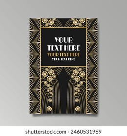Art Nuovo, Modern, luxury template golden black A4 page, menu, card, invitation, Sun and city lights in an Art deco Art Deco style, beautiful background 