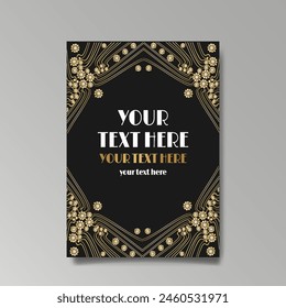 Art Nuovo, Modern, luxury template golden black A4 page, menu, card, invitation, Sun and city lights in an Art deco Art Deco style, beautiful background 