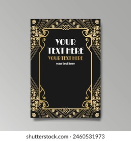 Art Nuovo, Modern, luxury template golden black A4 page, menu, card, invitation, Sun and city lights in an Art deco Art Deco style, beautiful background 