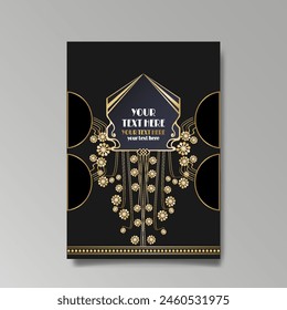 Art Nuovo, Modern, luxury template golden black A4 page, menu, card, invitation, Sun and city lights in an Art deco Art Deco style, beautiful background 