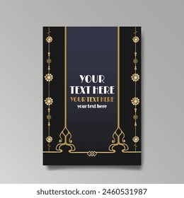 Art Nuovo, Modern, luxury template golden black A4 page, menu, card, invitation, Sun and city lights in an Art deco Art Deco style, beautiful background 