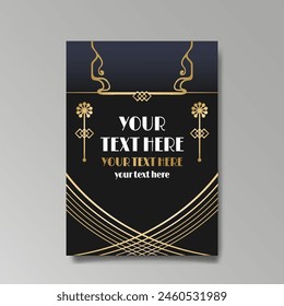 Art Nuovo, Modern, luxury template golden black A4 page, menu, card, invitation, Sun and city lights in an Art deco Art Deco style, beautiful background 