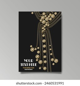 Art Nuovo, Modern, luxury template golden black A4 page, menu, card, invitation, Sun and city lights in an Art deco Art Deco style, beautiful background 