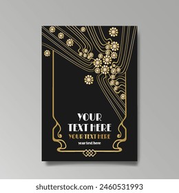 Art Nuovo, Modern, luxury template golden black A4 page, menu, card, invitation, Sun and city lights in an Art deco Art Deco style, beautiful background 