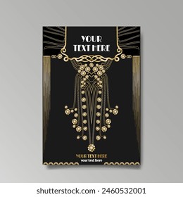 Art Nuovo, Modern, luxury template golden black A4 page, menu, card, invitation, Sun and city lights in an Art deco Art Deco style, beautiful background 